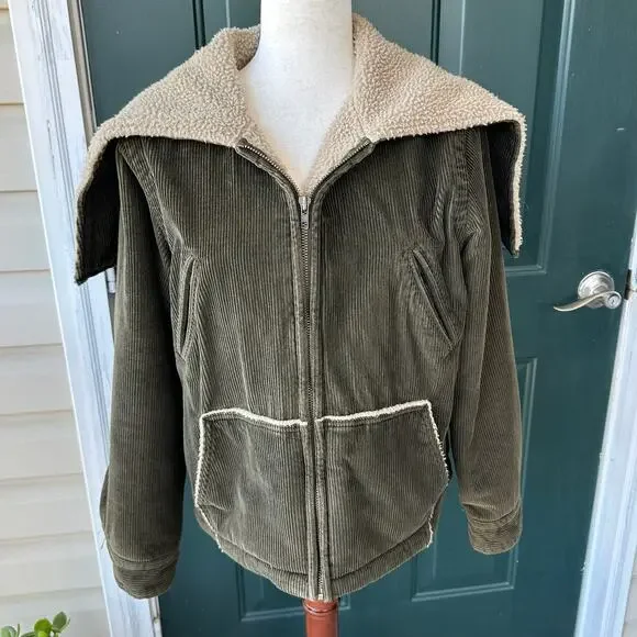 Vintage J. Crew Heavy Corduroy Sherpa Barn Jacket Sz M Olive Convertible Hood - Picture 2 of 9